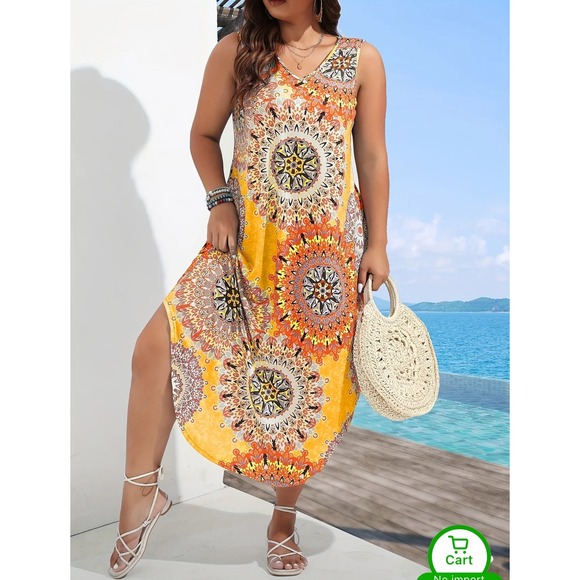 Women 1XL Casual Tank Dress Mandala Artsy Vacay Summer Beach Coastal Boho resort - Picture 3 of 7